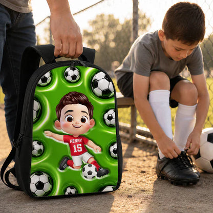 Personalized Kids School Backpack, Cute Soccer Player Kicking Ball, Unique Creative Gift For Kids