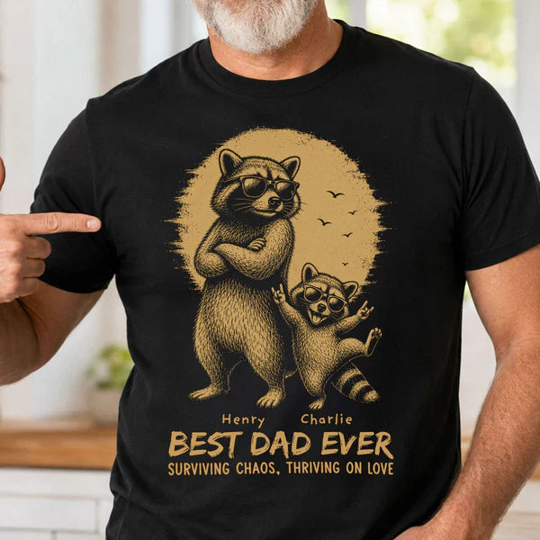 Personalized Classic Tee With Sunglasses Raccoon Dad & Kid Art, Unique Father's Day Gift for Dad