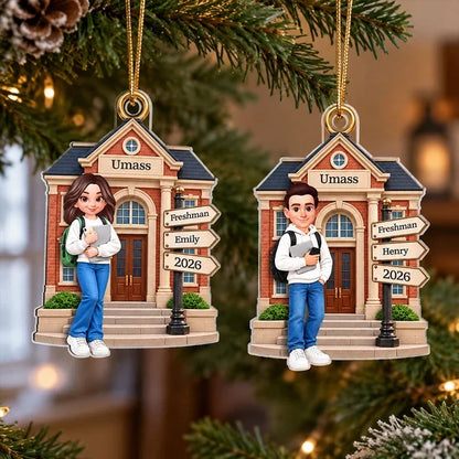 Personalized Acrylic Ornament, Colorful Freshman Holding Books on Campus, Unique Christmas Gift for Student