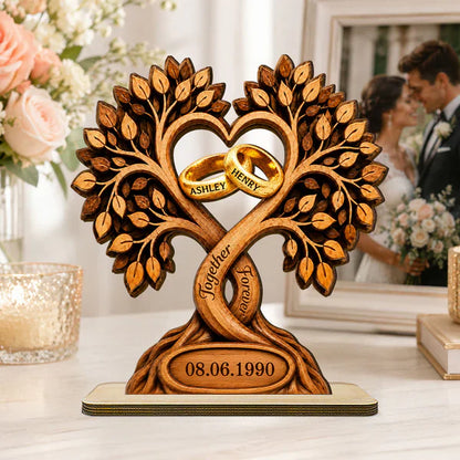 Personalized 2-Layer Wooden Plaque With Heart Tree & Rings, Unique Anniversary Gift For Couples