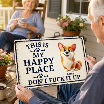 Personalized Rectangular Iron Sign With Cartoon Dog, Happy Place Decor, Unique Gift For Dog Lovers