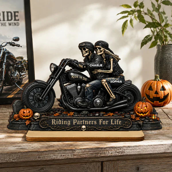 2-Layer Wooden Plaque, Personalized Skeleton Biker Couple Halloween Decor, Unique Gift for Couples