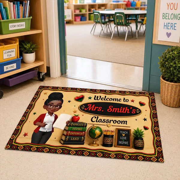 Personalized Teacher Doormat, Illustrated Teacher Holding A Book, Unique Classroom Gift For Educator