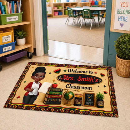 Personalized Teacher Doormat, Illustrated Teacher Holding A Book, Unique Classroom Gift For Educator