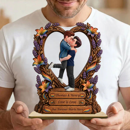 Personalized Wooden Plaque, Kissing LGBT Couple With Rainbow Flag, Unique Creative Gift for Couple