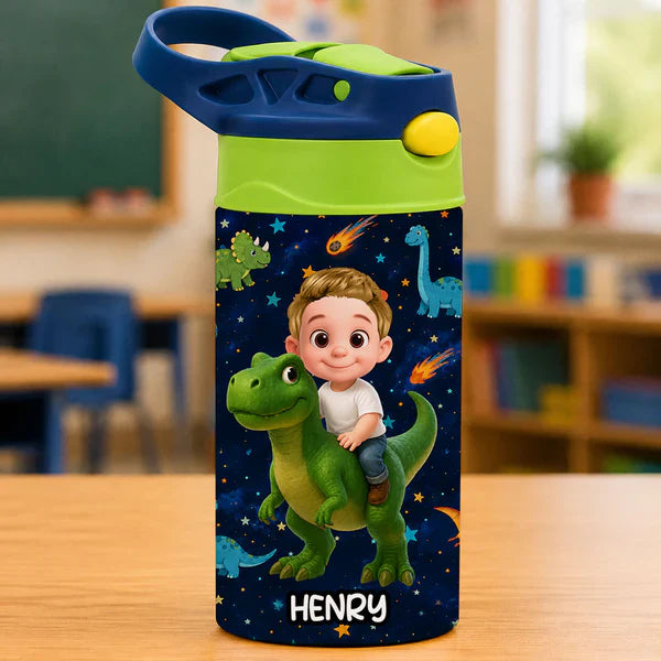 Personalized Kids Water Bottle, Cartoon Child Riding Dinosaur, Unique Creative Gift for Kids at School