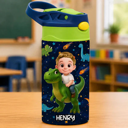 Personalized Kids Water Bottle, Cartoon Child Riding Dinosaur, Unique Creative Gift for Kids at School
