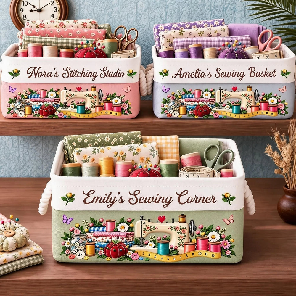 Personalized Cotton Linen Rope Basket, Floral Sewing Design, Unique Gift for Sewers and Crafters