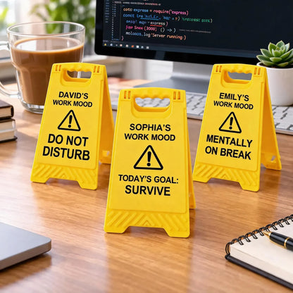 Personalized Warning Sign Phone Stand, Yellow Office Desk Decor, Unique Gift for Coworker