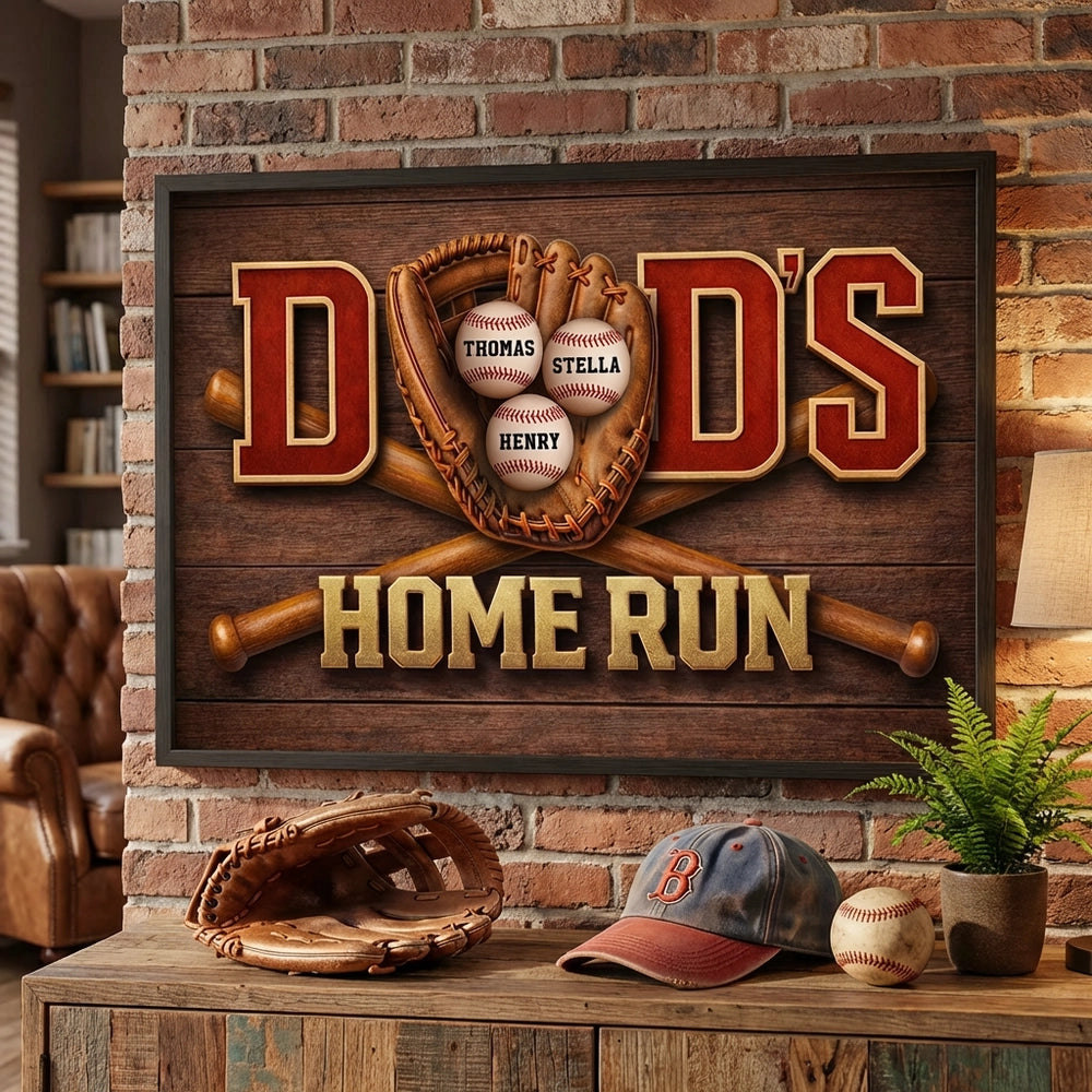 Home Run Dad Poster, Personalized Baseball Wall Art With Custom Names, Meaningful Gift for Dad's Office or Man Cave