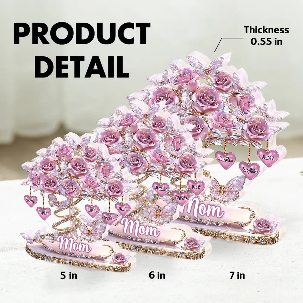 Personalized Heart Rose Tree Shaped Acrylic Block Plaque for Mom, Sparkly Butterfly Shelf Decor, Unique Gift