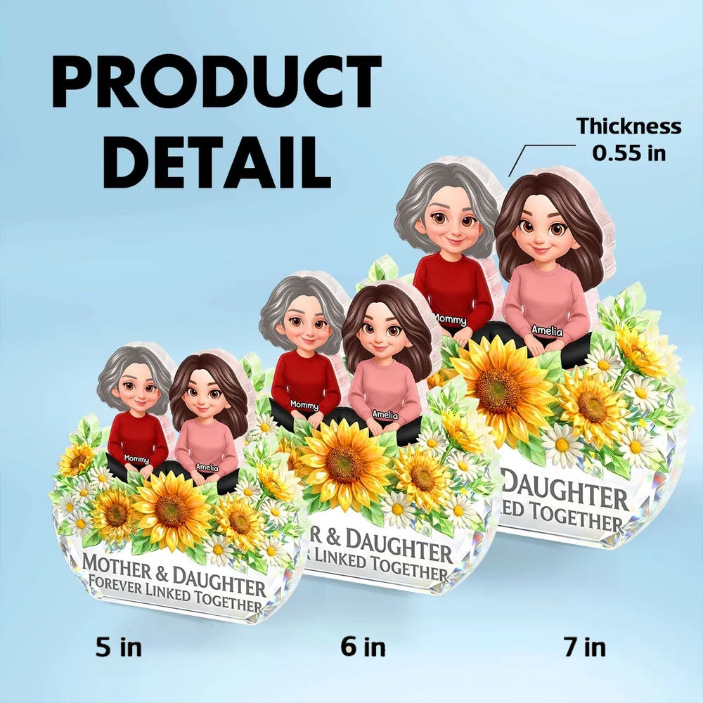 Personalized Shaped Acrylic Block Plaque, Mother & Daughter Forever Linked Together Sunflower Decor, Unique Gift for Mom