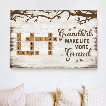 Personalized Family Poster – Grandkids Make Life More Grand – Custom Scrabble-Inspired Poster with Family Names