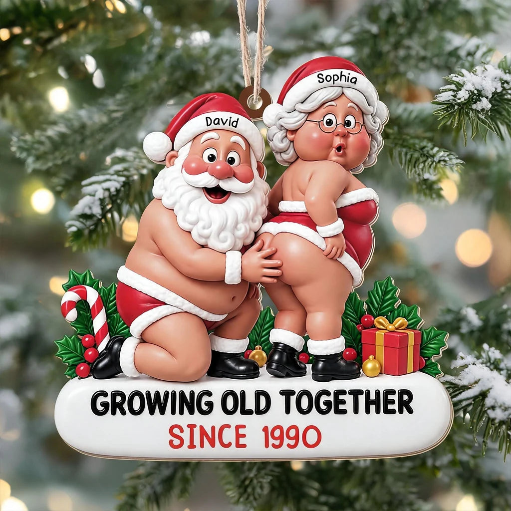 Growing Old Together Wooden Ornament, Personalized Playful Santa Couple, Creative Gift for Husband or Wife