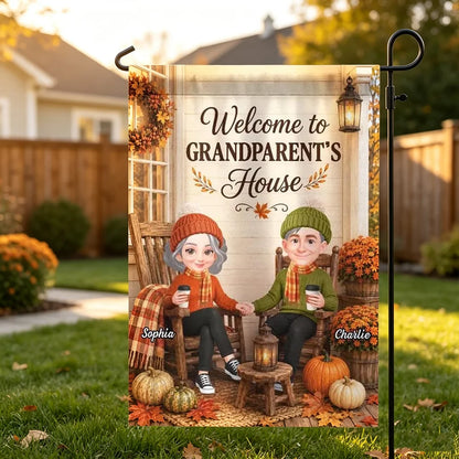 Welcome to Grandparents' House Garden Flag, Holding Hands on a Fall Porch, Personalized Creative Gift