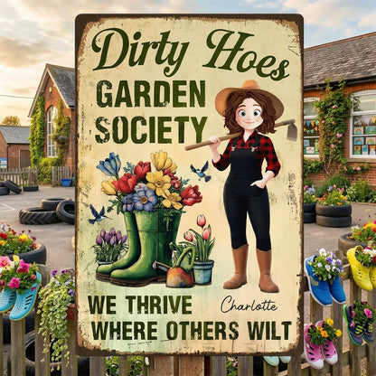 Personalized Rectangular Iron Sign Dirty Hoes Garden Society Funny Vintage Garden Decor, Unique Gift for Plant Lovers
