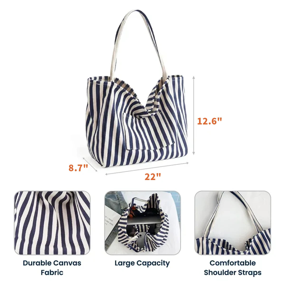 Personalized Striped Pocket Tote Bag with Vintage Sewing Machine & Flowers, Unique Gift for Sewing Lovers