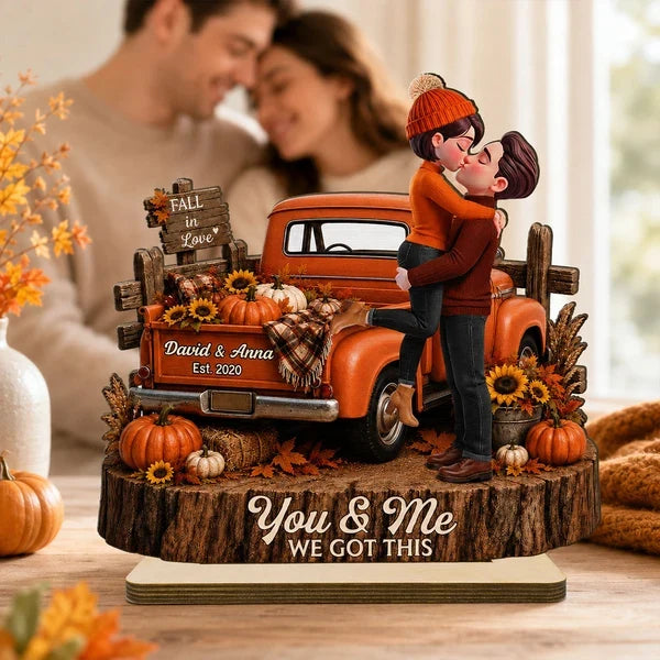 Personalized 2-Layer Wooden Plaque, Kissing Couple by a Warm Orange Fall Pickup, Unique Gift for Couples