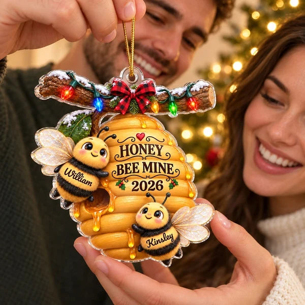 Personalized Acrylic Ornament with Cute Bee Couple and Hive, Unique Christmas Gift for Couples