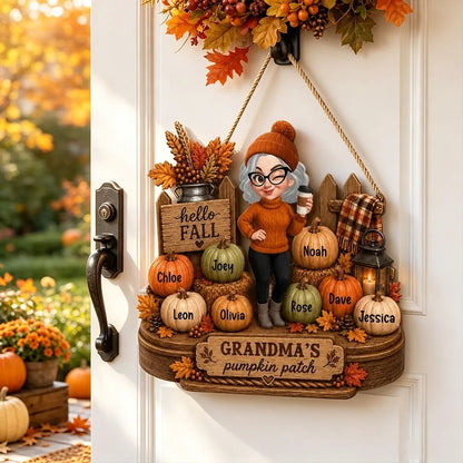Personalized Wooden Sign, Grandma Holding Coffee on an Autumn Porch, Unique Fall Gift for Grandma