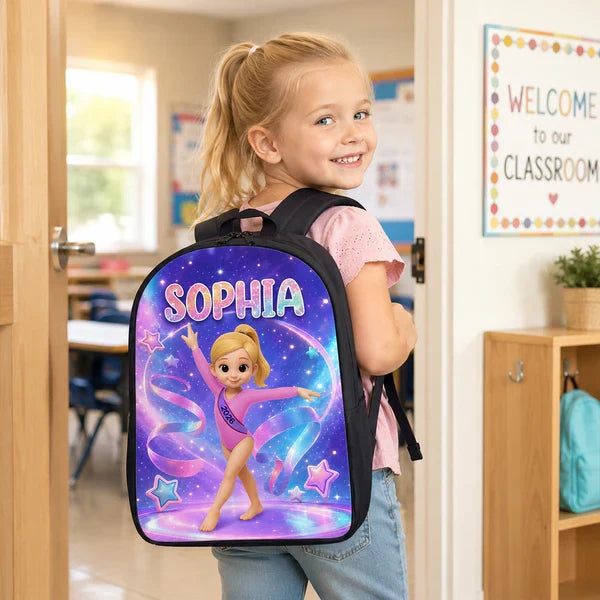 Kids School Backpack with Custom Gymnastics Art, Sparkly Purple Ribbons, Creative Gift for Granddaughter