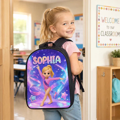 Kids School Backpack with Custom Gymnastics Art, Sparkly Purple Ribbons, Creative Gift for Granddaughter
