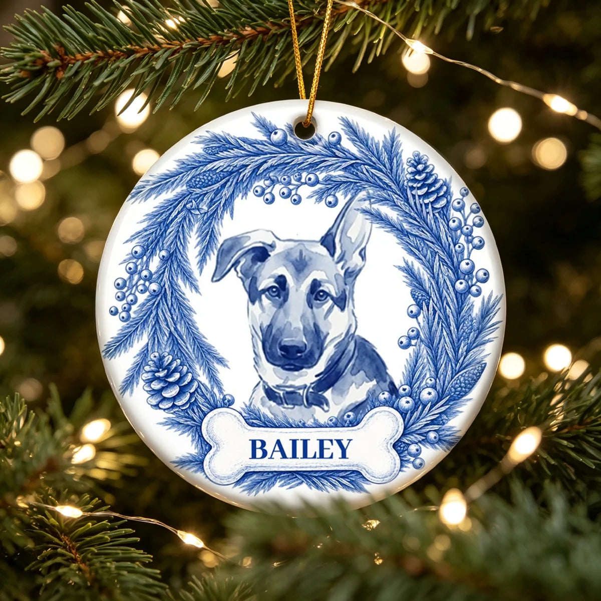 Personalized Ceramic Ornament, Blue Watercolor Dog Portrait in Winter Pine Wreath, Unique Christmas Gift for Pet Owners