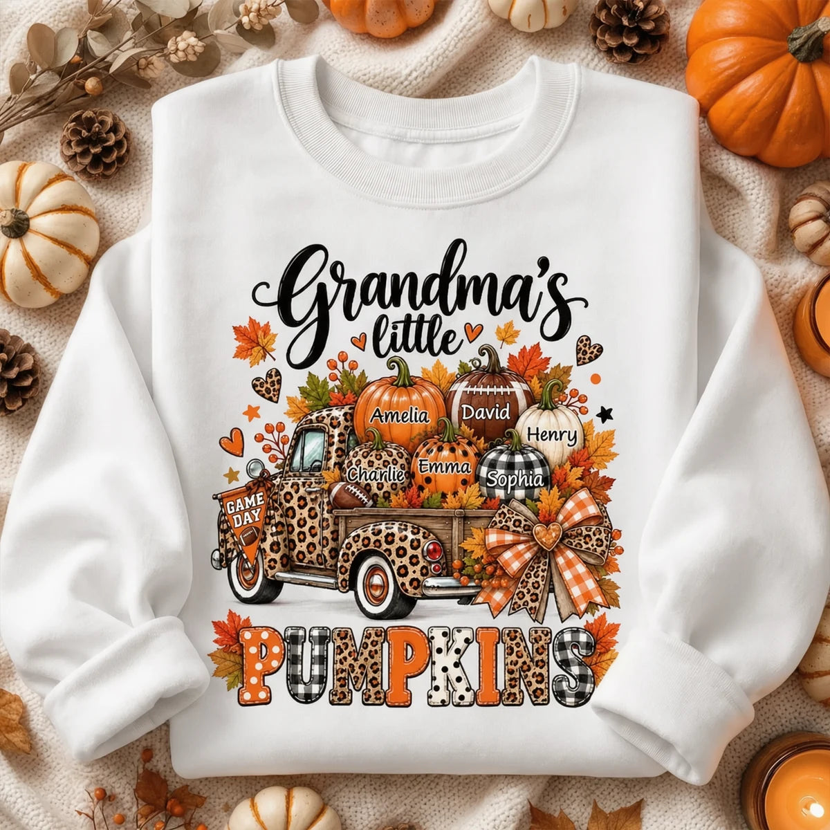 Personalized Classic Tee, Grandma's Little Pumpkins Fall Football Design, Unique Game Day Gift for Grandma