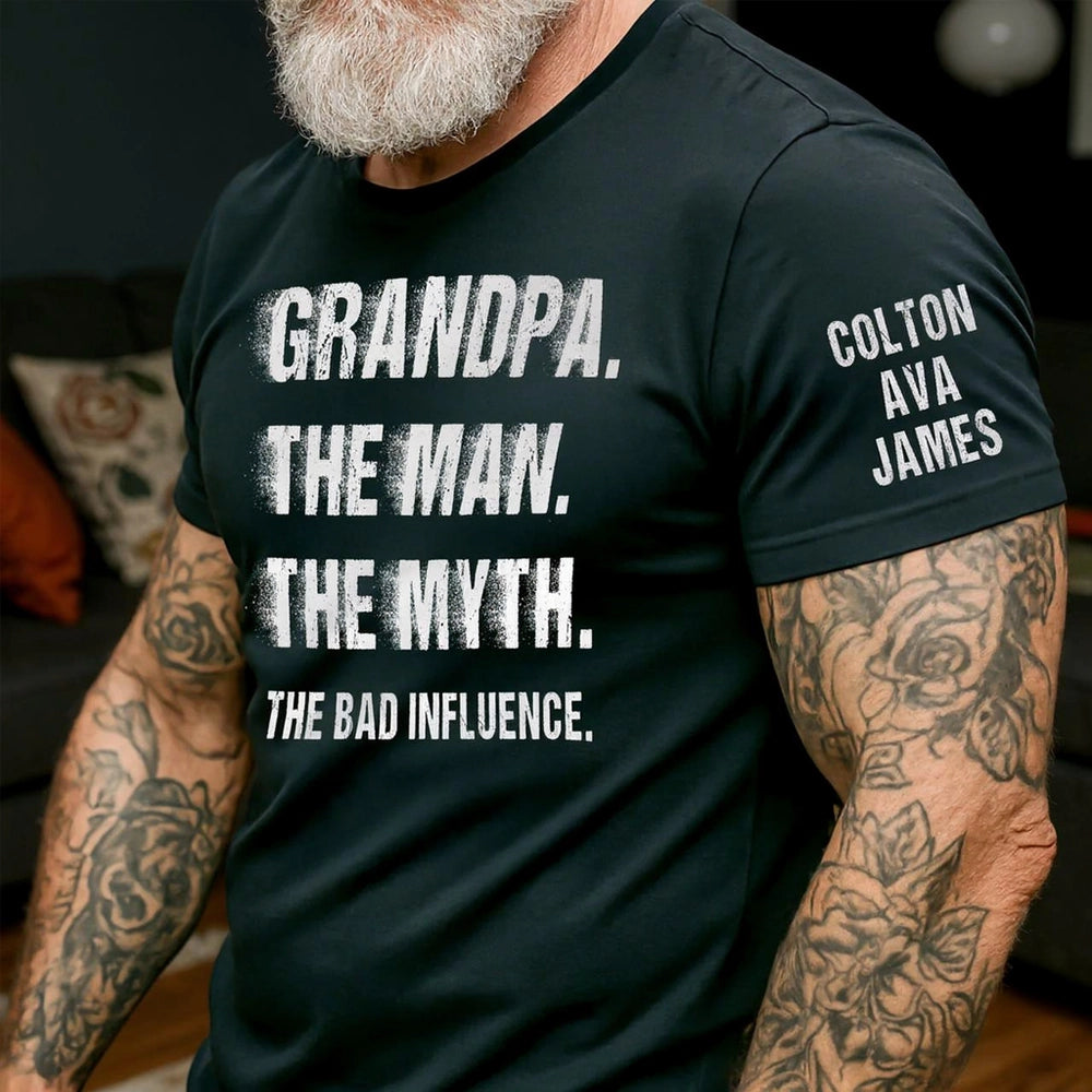 Grandpa The Man The Myth The Bad Influence Dual Print Classic Tee, Personalized Gift from Grandkids with Bold Vintage Text