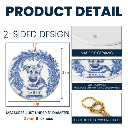 Personalized Ceramic Ornament, Blue Watercolor Dog Portrait in Winter Pine Wreath, Unique Christmas Gift for Pet Owners