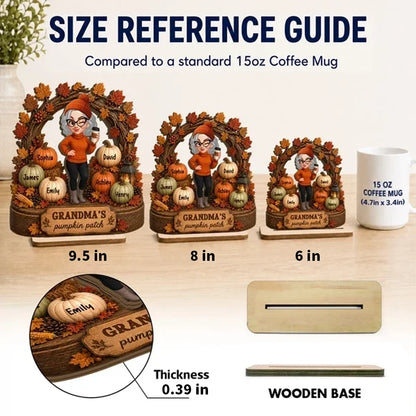 Personalized Wooden Plaque, Coffee-Holding Grandma in an Autumn Pumpkin Patch, Unique Family Gift