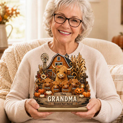 Personalized 2-Layer Wooden Plaque with Highland Cow Herd, Rustic Fall Decor, Unique Gift for Grandma