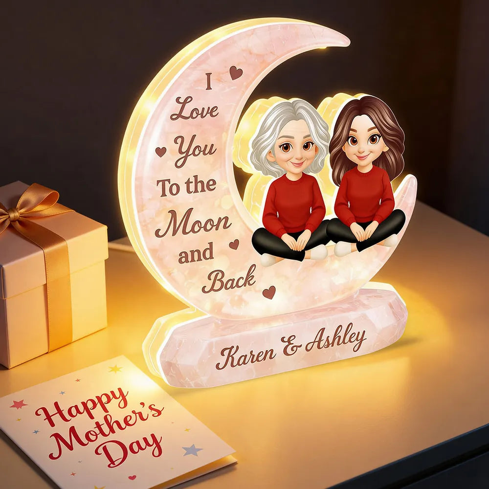 I Love You to the Moon and Back Acrylic Light Box, Personalized Mom and Daughter Keepsake Lamp for Nightstand Warm Glow Gift