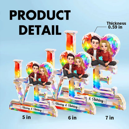 Personalized Shaped Acrylic Block Plaque LOVE with Heart & Cute Couple Sitting - Unique Valentine's Gift for Him or Her