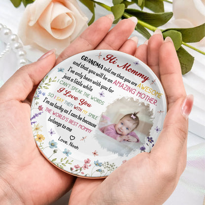 Hi Mommy Round Jewelry Dish, Personalized Baby Photo Keepsake, Heartwarming Jewelry Storage, Thoughtful Gift for New Mom