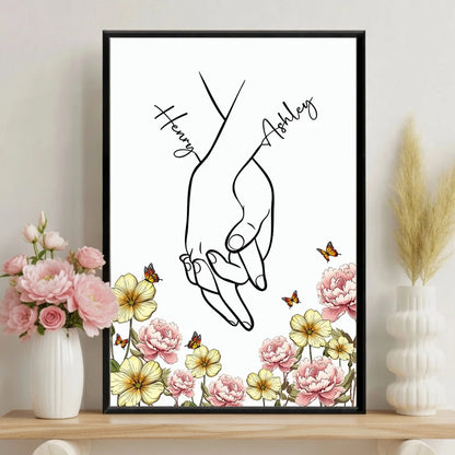 Personalized Couple Hand-Holding Line Art Poster with Floral Butterflies, Modern Minimal Wall Decor, Unique Gift for Him or Her