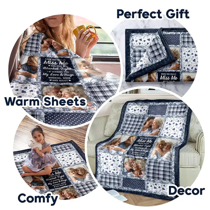 Custom Photo Collage Fleece Blanket Miss Me Hug This Blanket Tight - Heartwarming Keepsake Gift For Family