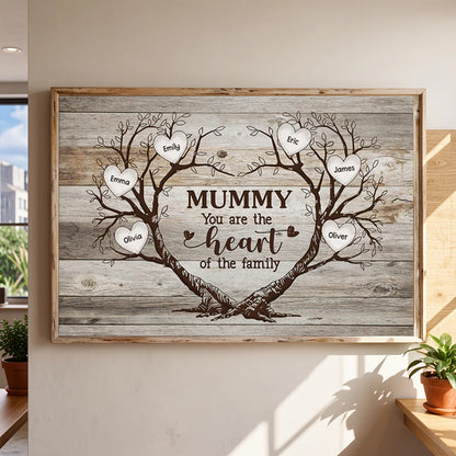 Personalized Mummy Heart of the Family Poster, Rustic Tree of Hearts Wall Art, Unique Gift for Mom