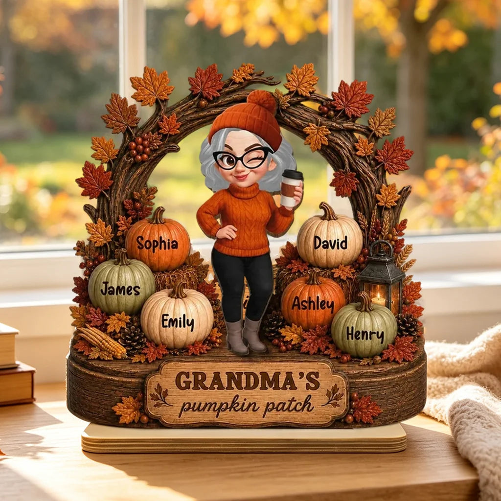 Personalized Wooden Plaque, Coffee-Holding Grandma in an Autumn Pumpkin Patch, Unique Family Gift