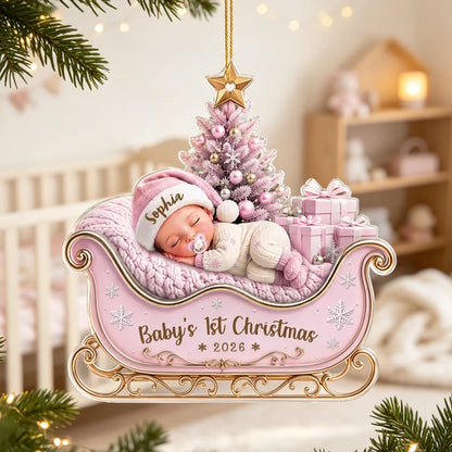 Personalized Acrylic Ornament, Sleeping Baby in Pink Sleigh, Baby's First Christmas Unique Gift