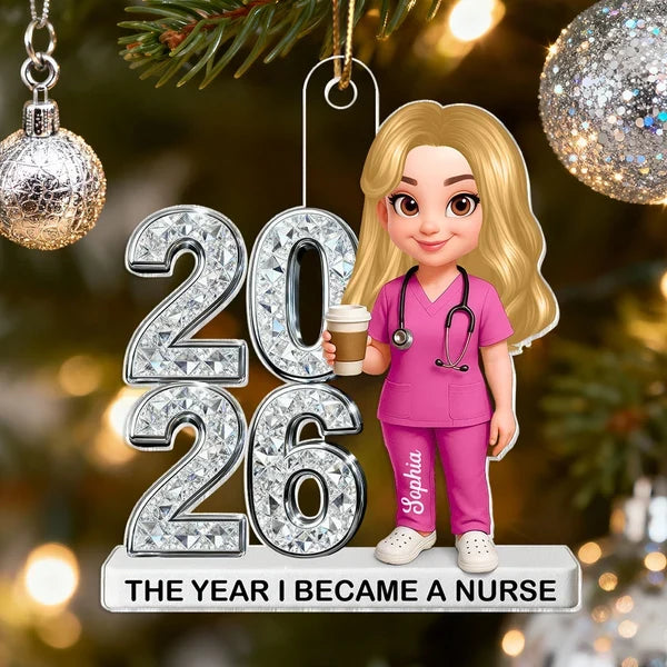 Personalized Acrylic Ornament, Proud Nurse Holding Coffee on a Christmas Tree, Creative Milestone Gift