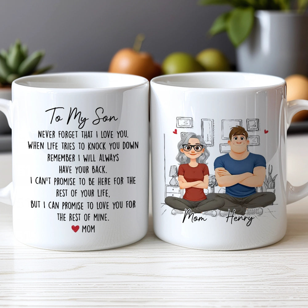 Personalized White Ceramic Mug With Mom and Son Cartoon Quote, Unique Encouraging Gift for Son From Mom
