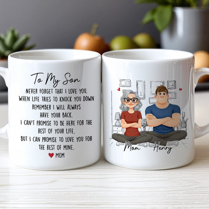 Personalized White Ceramic Mug With Mom and Son Cartoon Quote, Unique Encouraging Gift for Son From Mom