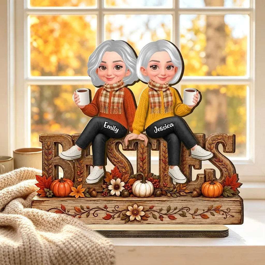 Besties Forever Personalized 2-Layer Wooden Plaque, Autumn Friendship Keepsake, Creative Gift for a Best Friend