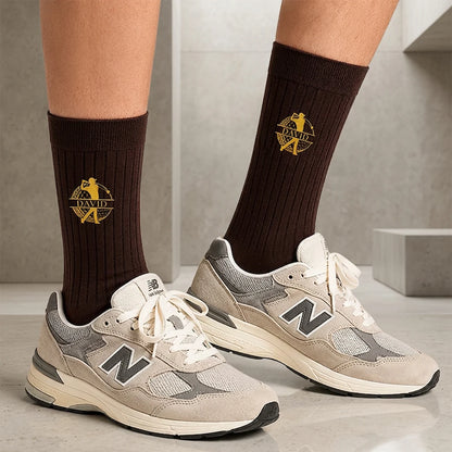 Personalized Embroidered Socks, Dark Brown & Gold Golfer Mid-Swing Design, Unique Gift for Golfers