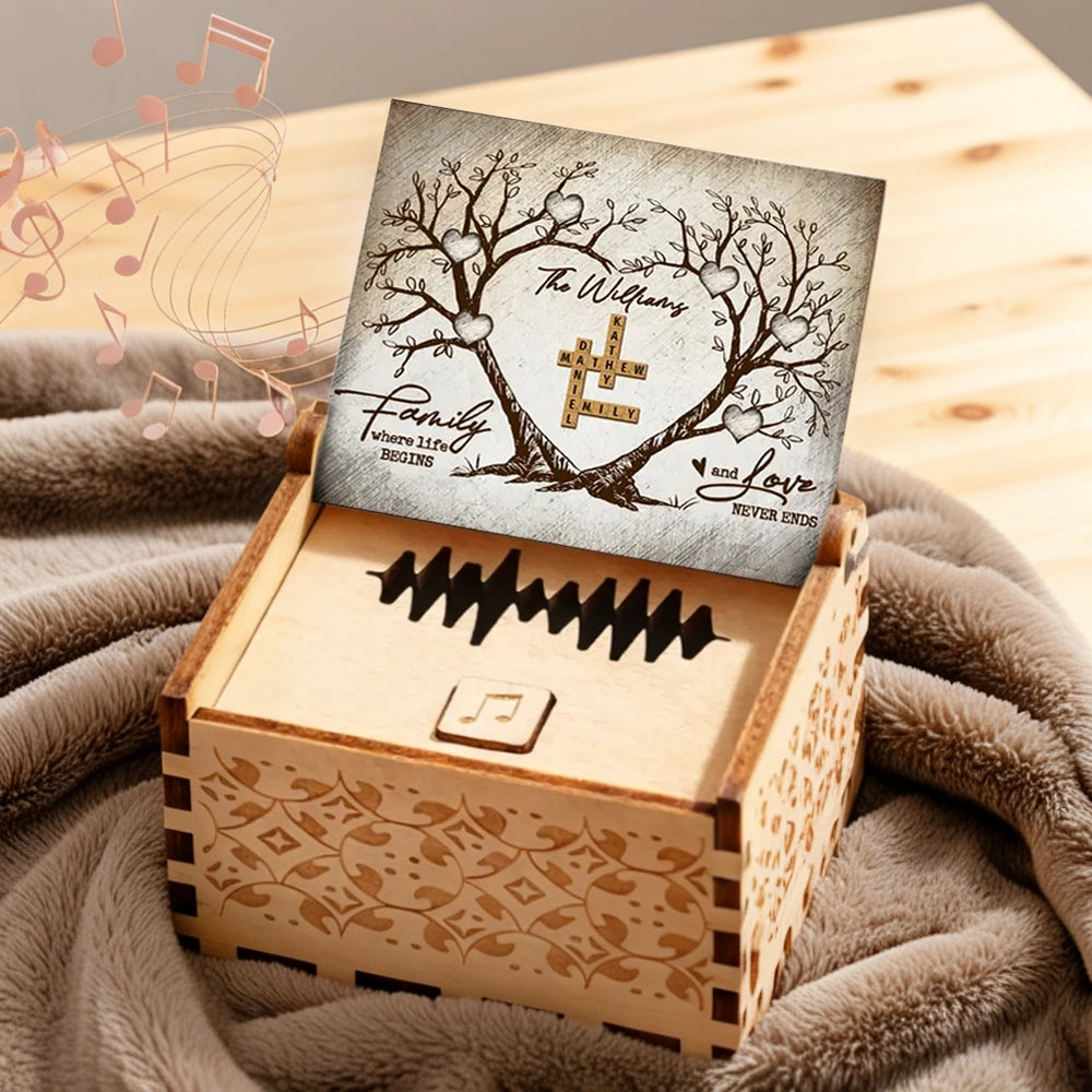 Personalized Wooden Music Box with Heart Tree Crossword Design for Family Keepsake, Unique Gift for Mom Dad Couple