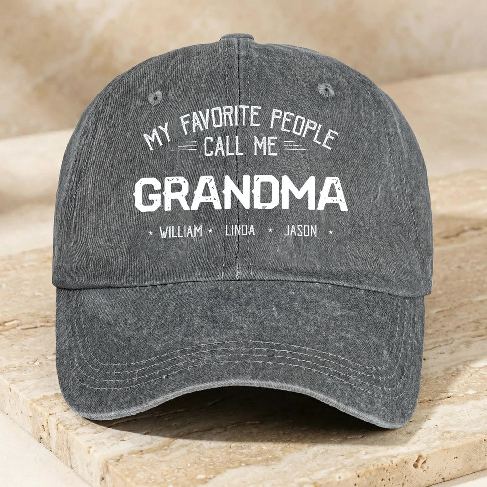 Personalized Washed Denim Baseball Cap 'My Favorite People Call Me Grandma' Unique Gift for Grandma, Vintage Look
