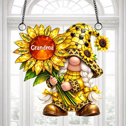 Personalized Grandma Gnome Sunflower Acrylic Suncatcher Ornament for Window Decor, Bright Sunlight Reflection, Unique Gift