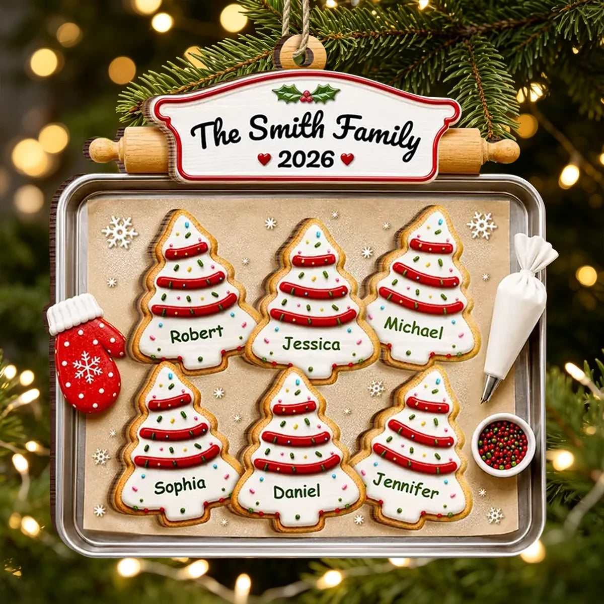 2-Layer Wooden Ornament, Personalized Family Tree Cookies in Warm Red & Green, Creative Gift for Parents