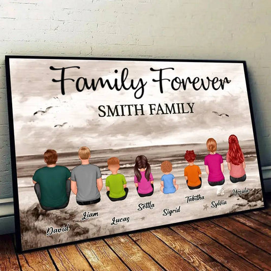 Retro Vintage Family Sitting Beach Landscape Personalized Horizontal Poster or Canvas